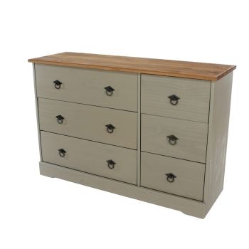3 Over 3 Wide Chest of Drawer - Pine - L36.8 x W114.1 x H74.8 cm - Grey - Screw/Nail&Dowel