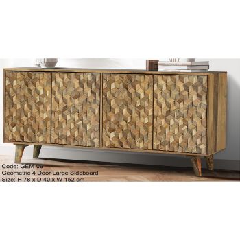 Geometric 4 Door Large Sideboard - Mango Wood - L40 x W152 x H78 cm - Light Finish
