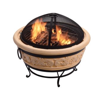  27" Outdoor Round Wood Burning Fire Pit with Light Concrete and Steel Base - Sand - 69 x 58 x 58 cm