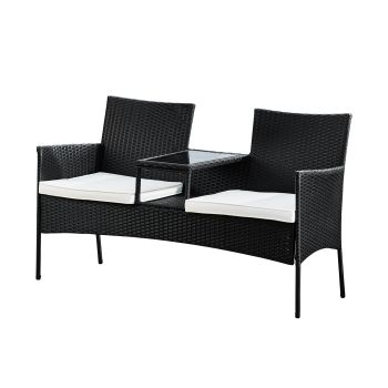  Patio Wicker Loveseat Bench with Glass Table - Black - 140 x 82 x 82 cm