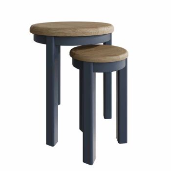 Round Nest of 2 Tables - Pine/MDF - L52 x W52 x H60 cm - Blue/Smoked Oak