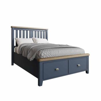 4'6" Bed with Wooden Headboard and Drawer Footboard Set - L154 x W206 x H139 cm - Blue/Smoked Oak