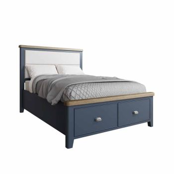 4'6" Bed with Fabric Headboard and Drawer Footboard Set - L154 x W206 x H139 cm - Blue/Smoked Oak