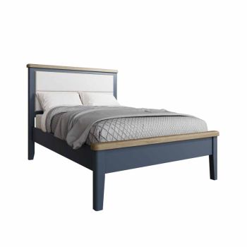 4'6" Bed with Fabric Headboard and Low Footboard Set - L154 x W206 x H139 cm - Blue/Smoked Oak
