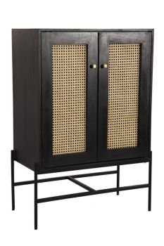 Rattan 2 Door Highboard Cabinet - Mango Wood/Iron - L45 x W80 x H120 cm - Black Finish with Natural Rattan - Assembly Required