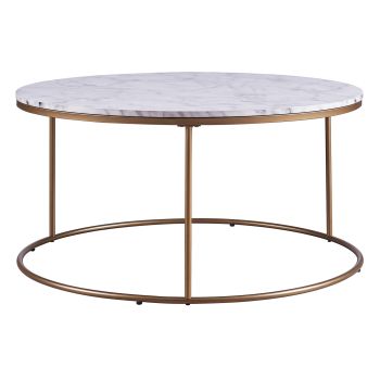  Marmo Modern Marble Look Round Coffee Table - Faux Marble / Brass - 91 x 46 x 46 cm