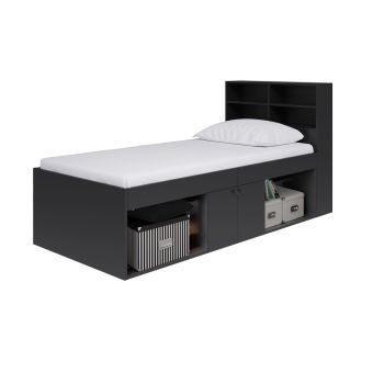 3 Feet Low Cabin Bed with Bookcase Headboard - L214 x W96 x H100 cm - Black - Assembly Required