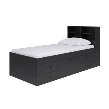 3 Feet Captain’s Cabin Single Bed with Bookcase Headboard - L214 x W96 x H100 cm - Black - Assembly Required
