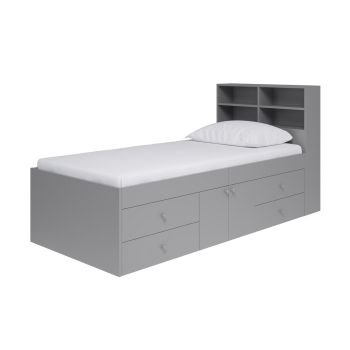 3 Feet Captain’s Cabin Single Bed with Bookcase Headboard - L214 x W96 x H100 cm - Grey - Assembly Required