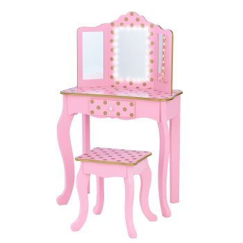 Fashion Polka Dot Prints Gisele Play Vanity Set with Led Mirror Light - L60 x W30 x H100 cm - Pink/Gold