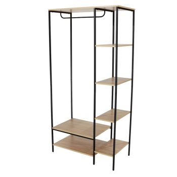 Kelly Open Wardrobe with Side Shelf Storage - Metal - L45 x W90 x H178 cm - Oak Effect/Black - Flat Packed