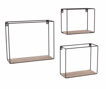 Rectangular Set of 3 Display Wall Shelf Set - Black Metal/Wood Effect