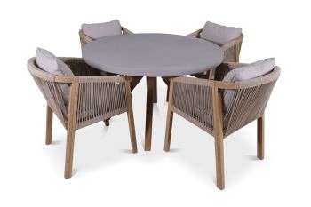 Luna Round Concrete Table with 4 Seater Roma Chairs Dining Set - Acacia Hardwood - Warm Grey