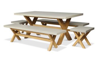 Luna 180 x 90 cm Rectangular Concrete Table and Bench Dining Set - Acacia Hardwood - Warm Grey/Light Teak