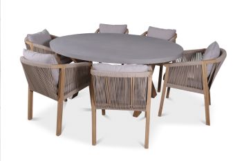 Luna Ellipse Oval Concrete table with 6 Roma Chairs Dining Set - Acacia Hardwood - Warm Grey