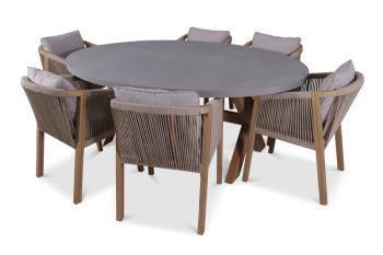 Luna Ellipse Concrete Table with 6 Seater Roma Chairs Dining Set - Acacia Hardwood - Warm Grey