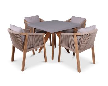 Luna Square Concrete Table with 4 Seater Roma Chairs Dining Set - Acacia Hardwood - Warm Grey