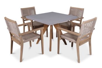Luna Square Concrete Table with 4 Seater Roma Stacking Chairs Dining Set - Acacia Hardwood - Warm Grey