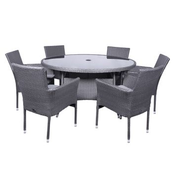 Malaga 6 Seater Stacking Dining Set with Cushion - Synthetic Rattan - L140 x W140 x H74 cm - Slate Grey