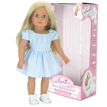 Sophia's 18" Doll Doll Blonde with Blue & White Stripe Dress, White Canvas Sneakers & Print Underwear - Blush - 15 x 10 x 46 cm