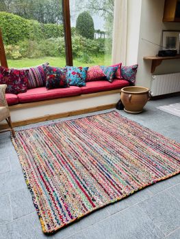MISHRAN Square Rug with Recycled Fabric - Jute - L120 x W120 - Multicolour