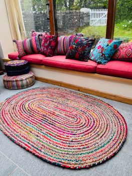 MISHRAN Oval Rug Braid Hand Woven with Recycled Fabric - Jute - L120 x W180