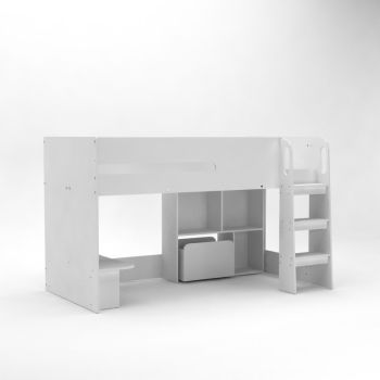 Kudl - Storage Mid Sleeper 01 Children's Bed with Desk, Bookcase & Toybox - MFC/Wood - L115.8 x W195 x H120 cm - White
