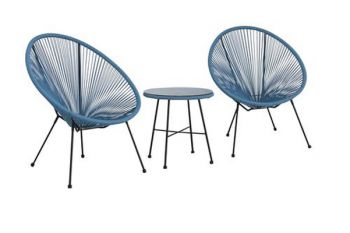 MONACO Blue 3pc Egg Chair Set With Screw in Legs and 50cm Diameter Glass Top Table