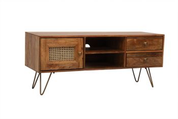 Nyack TV unit - Mango Wood/Iron - L40 x W120 x H50 cm - Light Brown with Natural Rattan - Assembly Required