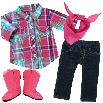 Sophia's 18" Doll Plaid Button Up Blouse, Denim Jeggings, Bandana & Pink Cowgirl Boots - Hot Pink/Navy - 23 x 12 x 6 cm