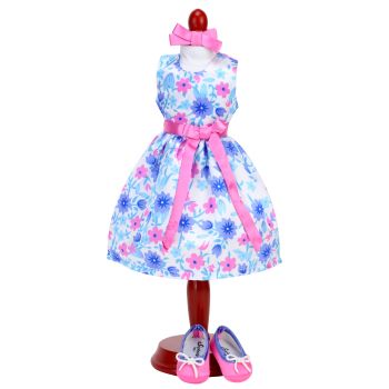 Sophia's 14.5" Doll Girl Satin Aqua Floral Print Party Dress, Hairbow & Ballet Flats - White/Pink/Blue - 46 x 18 x 10 cm