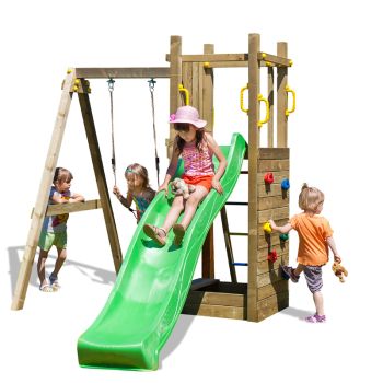 Funny 3 Rumble Ridge Rock Wall with Single Swing & Green Slide - Outdoor Play Set - Pressure Treated Wood - L200 x W290 x H210 cm