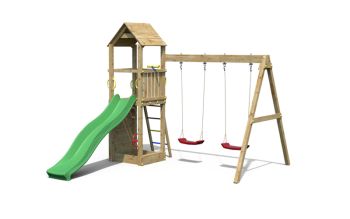 Sky High Hideout with Double Swing & Green Slide - Outdoor Play Set - Pressure Treated Wood - L303 x W370 x H272 cm
