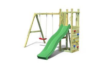 Funny 3 Rumble Ridge Rock Wall with Double Swing & Green Slide - Outdoor Play Set - Pressure Treated Wood - L284 x W345 x H210 cm