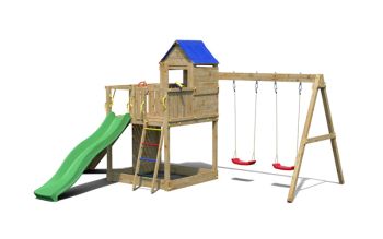 Treehouse with Green Slide - Pressure Treated Wood - Outdoor Play Set - L501 x W443 x H272 cm