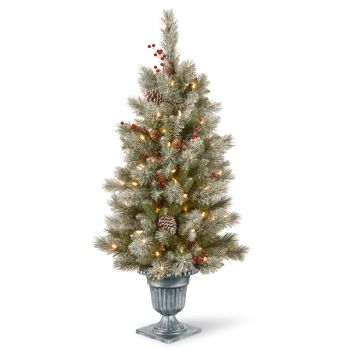 4 Feet Snowy Bristle Berry, Red Berries/Cones Pine Entrance Tree with 100 Warm LED Lights - White