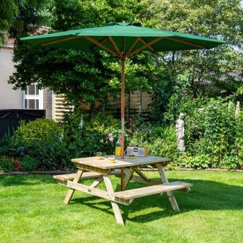 4ft Picnic Table with Green Parasol L150 x W120 x H70 cm