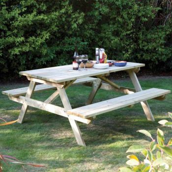 5ft Picnic Table with Green Parasol L150 x W150 x H70 cm