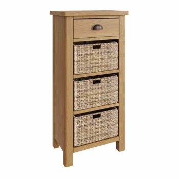 1 Drawer 3 Basket Unit - Pine/Plywood/MDF - L50 x W30 x H100 cm - Rustic Oak /Wicker