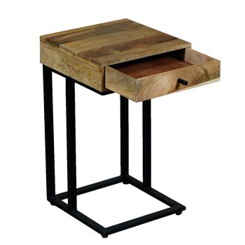 Ravi Iron Base 1 Drawer Small Side Table - Mango Wood - L30 x W30 x H50 cm - Mango Light Finish