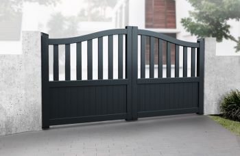 Double Swing Gate 3000x1600mm Black - Partial Privacy Driveway Gate with Vertical Solid Infill and Bell-Curved Top