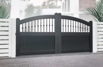 Double Swing Gate 3750x1800mm Black - Vertical Solid Infill, Bell-Curved Top