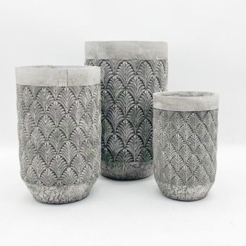Set of 3 Geometric Design Pots - Cement - L37 x W37 x H60 cm - Grey