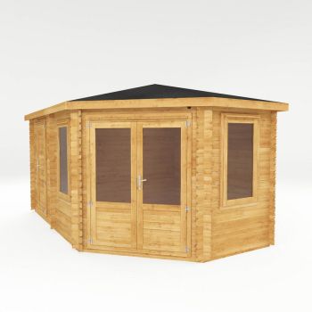 5 x 3 m Corner Lodge Plus Log Cabin with Side Shed - 28 mm - Timber - L317.2 x W509.8 x H274.3 cm - Brown