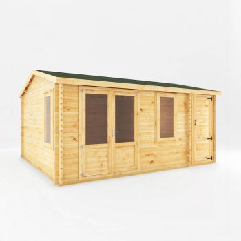 5.1 x 4 m Home Office Elite Log Cabin with Side Shed - 28 mm - Timber - L414.1 x W516.4 x H272.6 cm - Brown