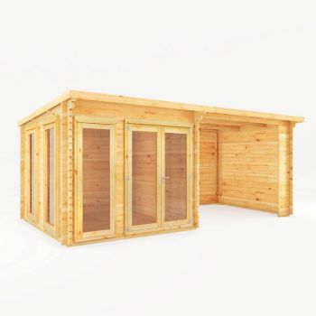 6 x 3 m Studio Pent Log Cabin with Patio Area - 44 mm - Timber - L333.5 x W591.1 x H249.4 cm - Brown