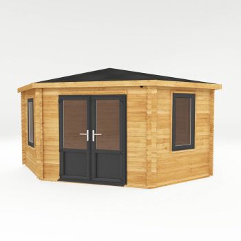 4 x 4 m Corner Cabin with UPVC Windows and Doors - 44 mm - Timber - L415.1 x W409.3 x H286.8 cm - Brown