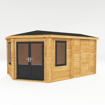 5 x 3 m Corner Lodge Plus Log Cabin with Side Shed with UPVC Windows and Doors - 44 mm Timber - L317.1 x W510 x H274.4 cm - Brown