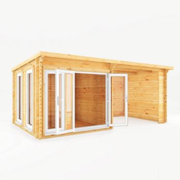 6 x 3 m Studio Pent Log Cabin with Patio Area, White UPVC Windows and Doors - 44 mm Timber - L333.5 x W591.1 x H249.4 cm - Brown