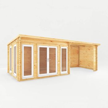 7 x 3 m Studio Pent Log Cabin with Patio Area, White UPVC Windows and Doors - 44 mm Timber - L333.5 x W691.5 x H249.4 cm - Brown
